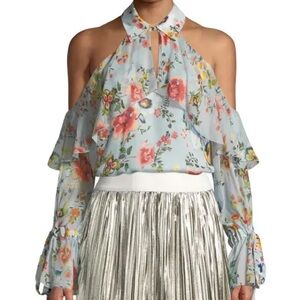 Alice + Olivia Blayne Cold-Shoulder Floral-Print Silk Blouse Blue XS